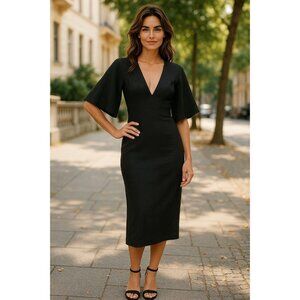 NEW Black Ribbed Midi Elegant 2 Cut out Open Back V-Neck Party Style Dress